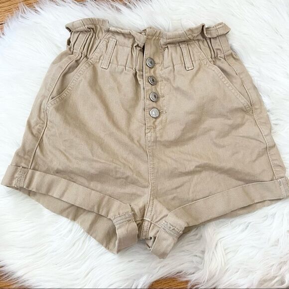 Topshop Paperbag Khaki Denim Shorts Size 2 - Picture 3 of 7